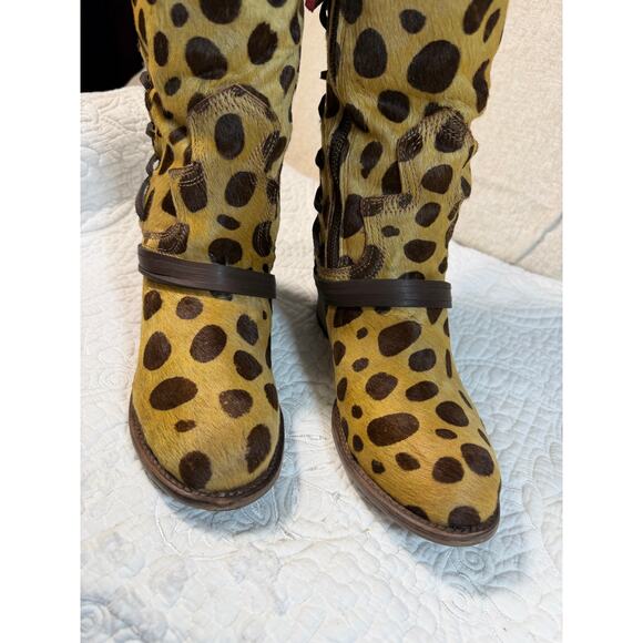 NIB Freebird Women 9 Tan Black Coal Leopard Knee High Leather Boots Designer - Picture 9 of 12